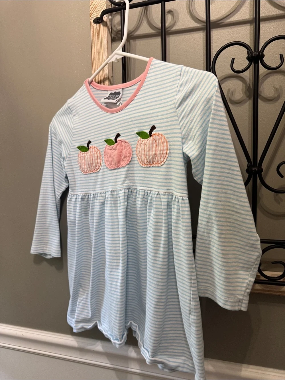 Girls' Light Blue Striped Pumpkin Applique Top 6X fall True